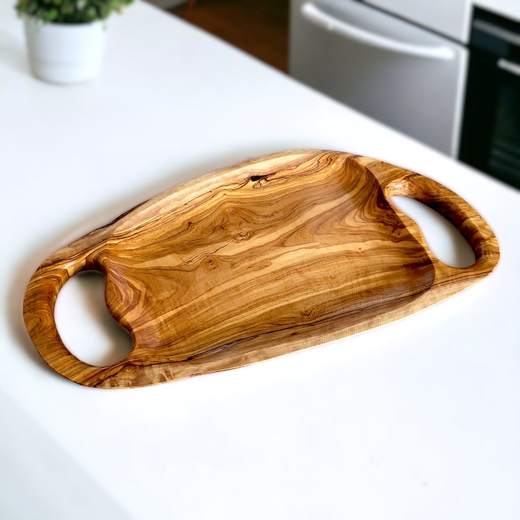 Olive Wood Irregular Shape Handcrafted Wooden Breakfast Serving Tray W/ Handles