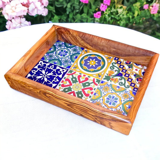 Rectangular Olive Wood Ceramic Tray with Handle