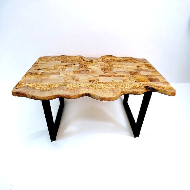 Irregular Shape Rustic Olive Wood Table With Metal Frame