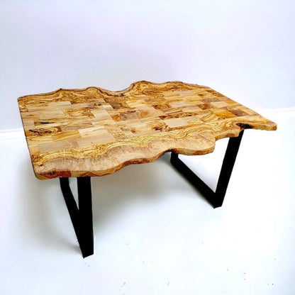 Irregular Shape Rustic Olive Wood Table With Metal Frame