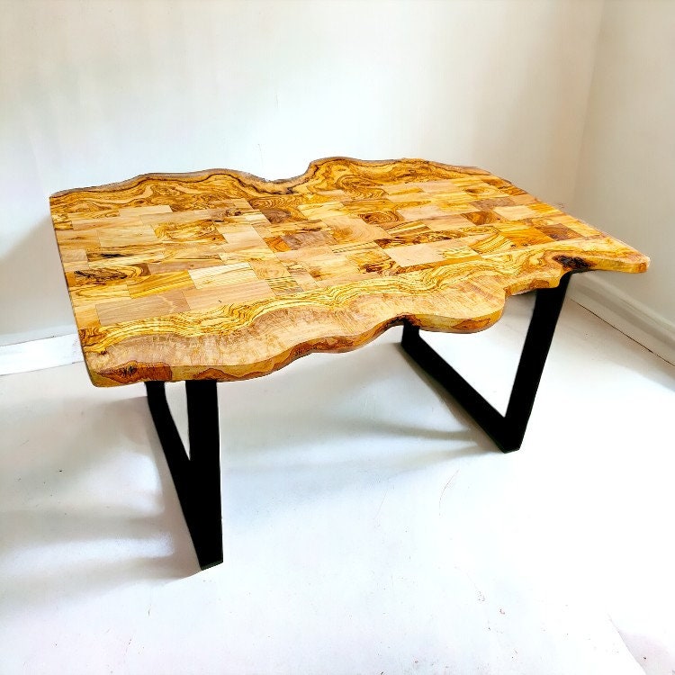 Irregular Shape Rustic Olive Wood Table With Metal Frame