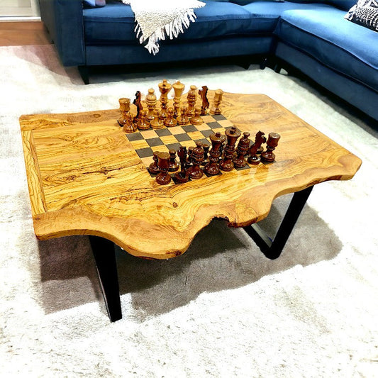 Irregular Shape Olive Wood Chess Table & Pieces With Metal Frame