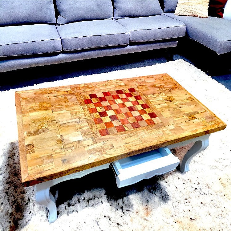 Olive Wood Handcrafted Rectangular End Grain Living Room Chess Coffee Table With Drawer