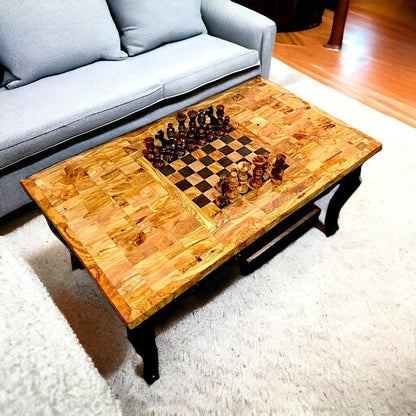 Olive Wood Handcrafted Rectangular End Grain Living Room Chess Coffee Table With Drawer