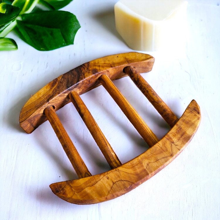 Olive Wood Wooden Non-Slip Self Drain Soap Bar Holder Dish 12 cm