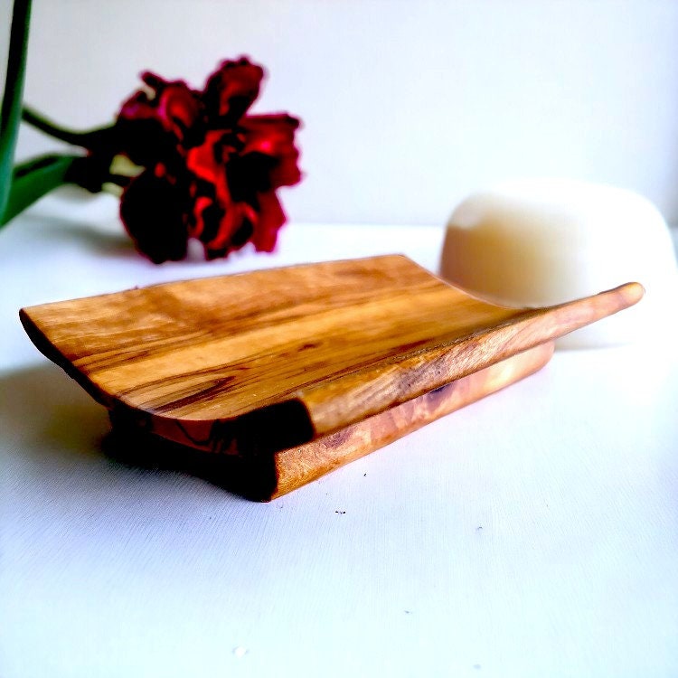 Olive Wood Wooden Non-Slip Self Drain Soap Bar Holder Dish 12 cm