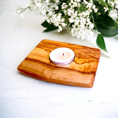 Olive Wood Flat Wooden Tealight Candle Holder | Various Sizes