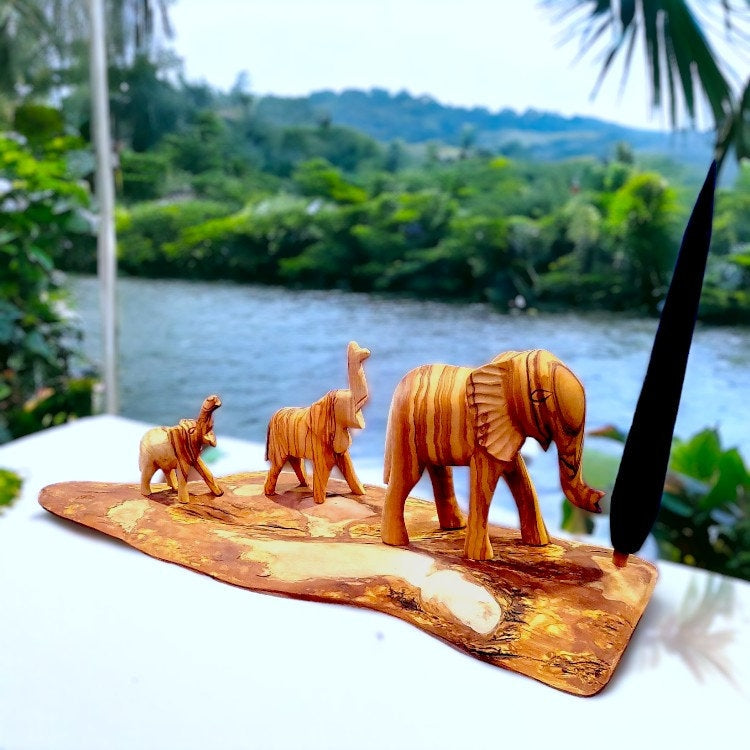 Hand Crafted Olive Wood Elephant Figurine Ornament