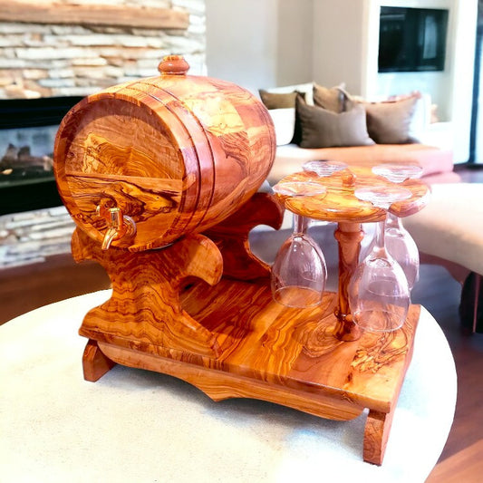 Olive Wood Wine Barrel W/ Stand | Built-in Wine Glass Holder | Dining Table Centre Piece | Dinner Party Decor | Unique Housewarming Gift