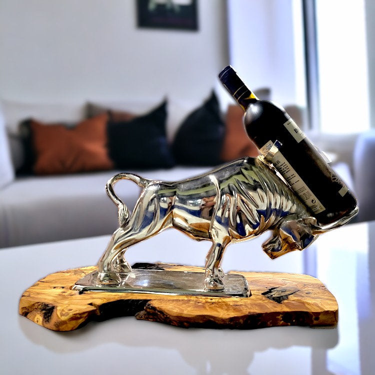 Bull Bottle Holder With Handcrafted Olive Wood Base