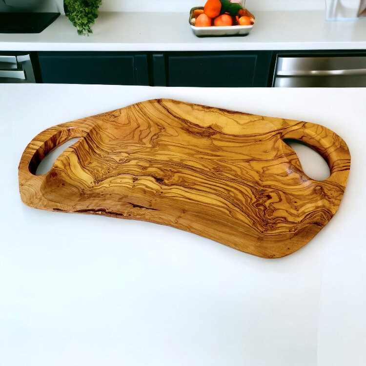 Olive Wood Irregular Shape Handcrafted Wooden Breakfast Serving Tray W/ Handles