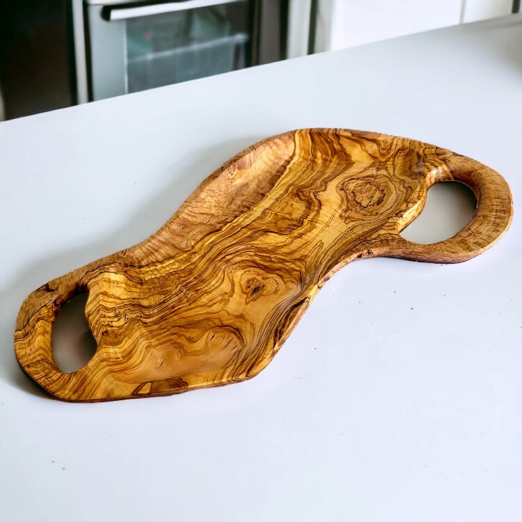 Olive Wood Irregular Shape Handcrafted Wooden Breakfast Serving Tray W/ Handles