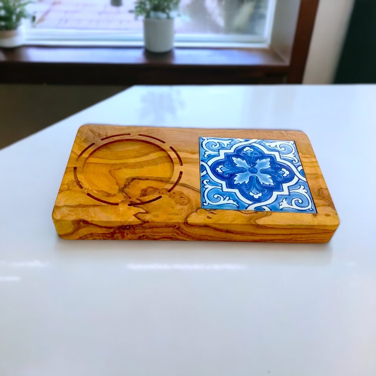 Olive Wood Ceramic Dessert Serving Tray Plate W/ Coffee Cup Holder