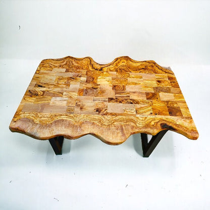 Irregular Shape Rustic Olive Wood Table With Metal Frame