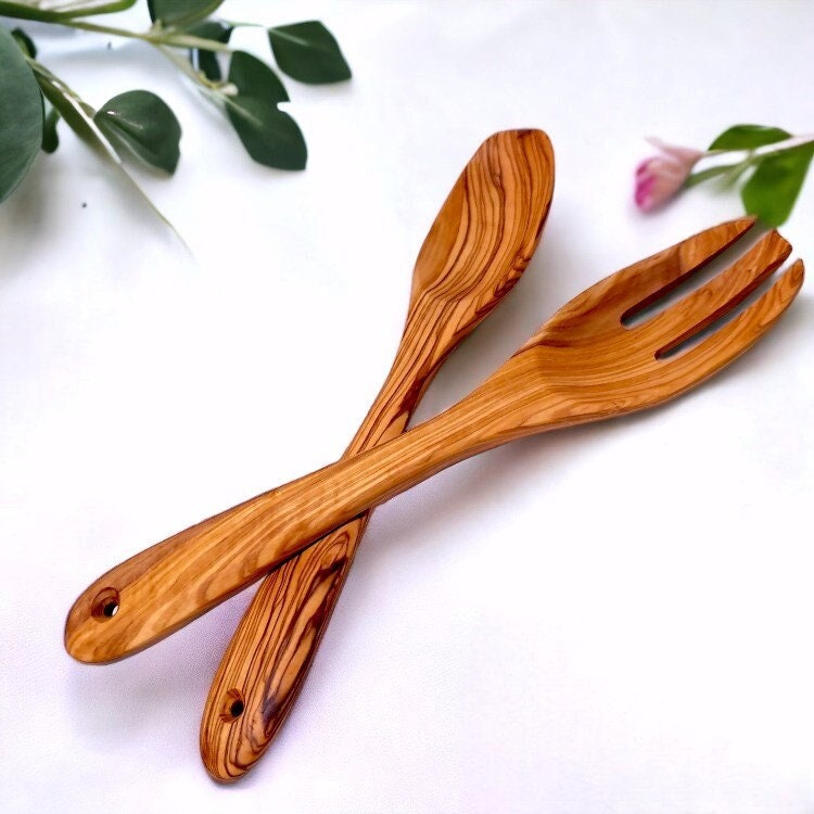 Olive Wood Small Square-Toed Cutlery 29 cm, salad server, spoon, fork, kitchen utensils, cookware, handmade, gift for chef, gift