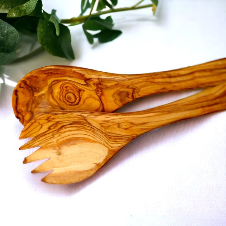 Olive Wood Large Salad Serving Set Of Wooden Spork & Spoon | Various Sizes