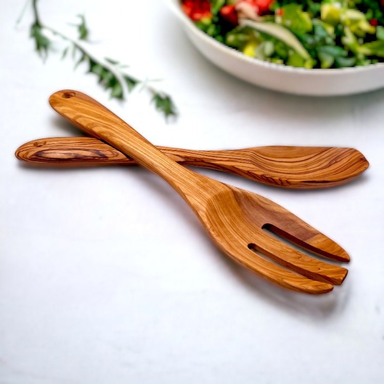 Olive Wood Small Square-Toed Cutlery 29 cm, salad server, spoon, fork, kitchen utensils, cookware, handmade, gift for chef, gift