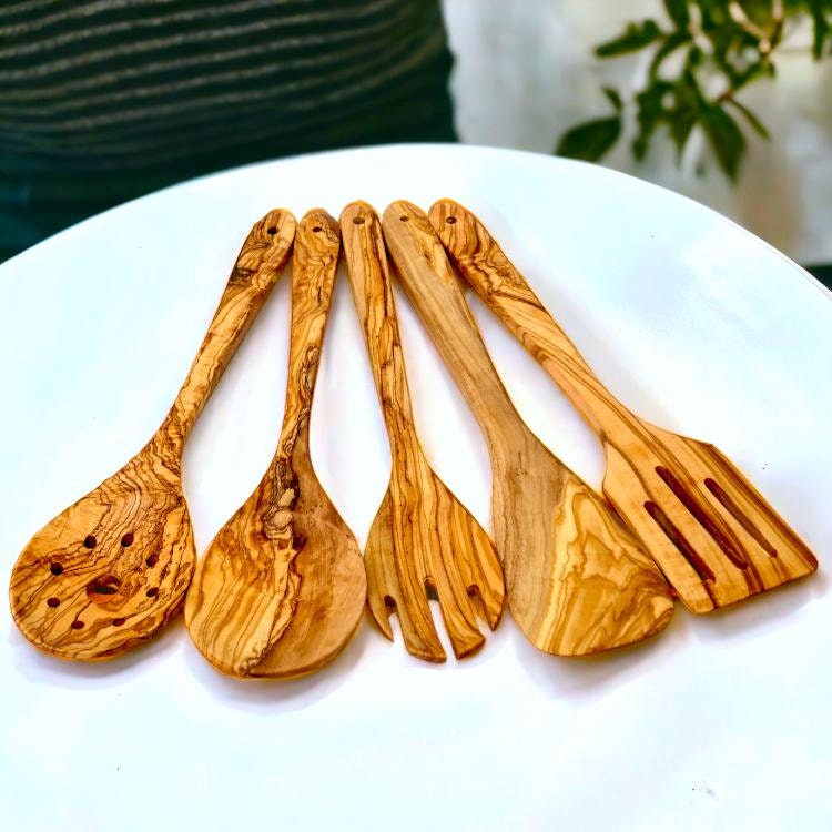 Olive Wood Cooking Kitchen Wooden Utensil Set | Rice Cooking Spoon | Spoon | Spatula | Fork | Spatula with Slits