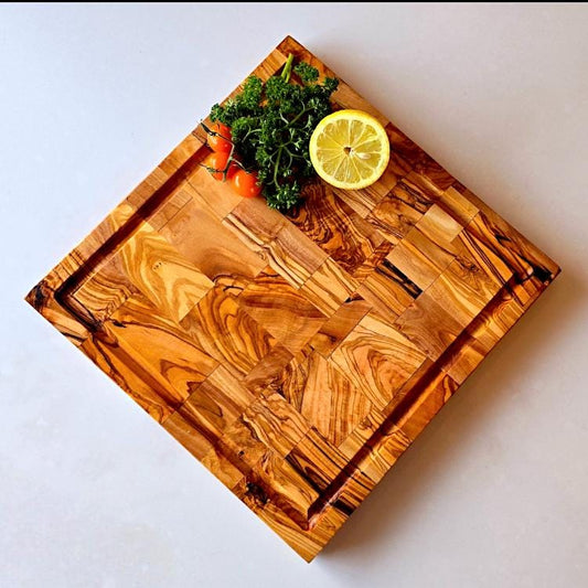 Personalised Olive Wood Square End Grain Chopping/Cutting Board | Large Heavy Charcuterie W/ Drip Catching Groove | Various Sizes