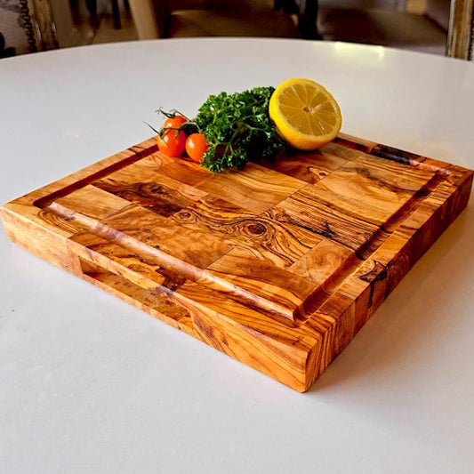 Personalised Olive Wood Square End Grain Chopping/Cutting Board | Large Heavy Charcuterie W/ Drip Catching Groove | Various Sizes