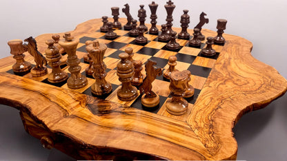 Personalised Olive Wood Natural Hand Crafted Fantasy Look Wooden Chess Board Set Table With Pieces | Unique Gift Idea