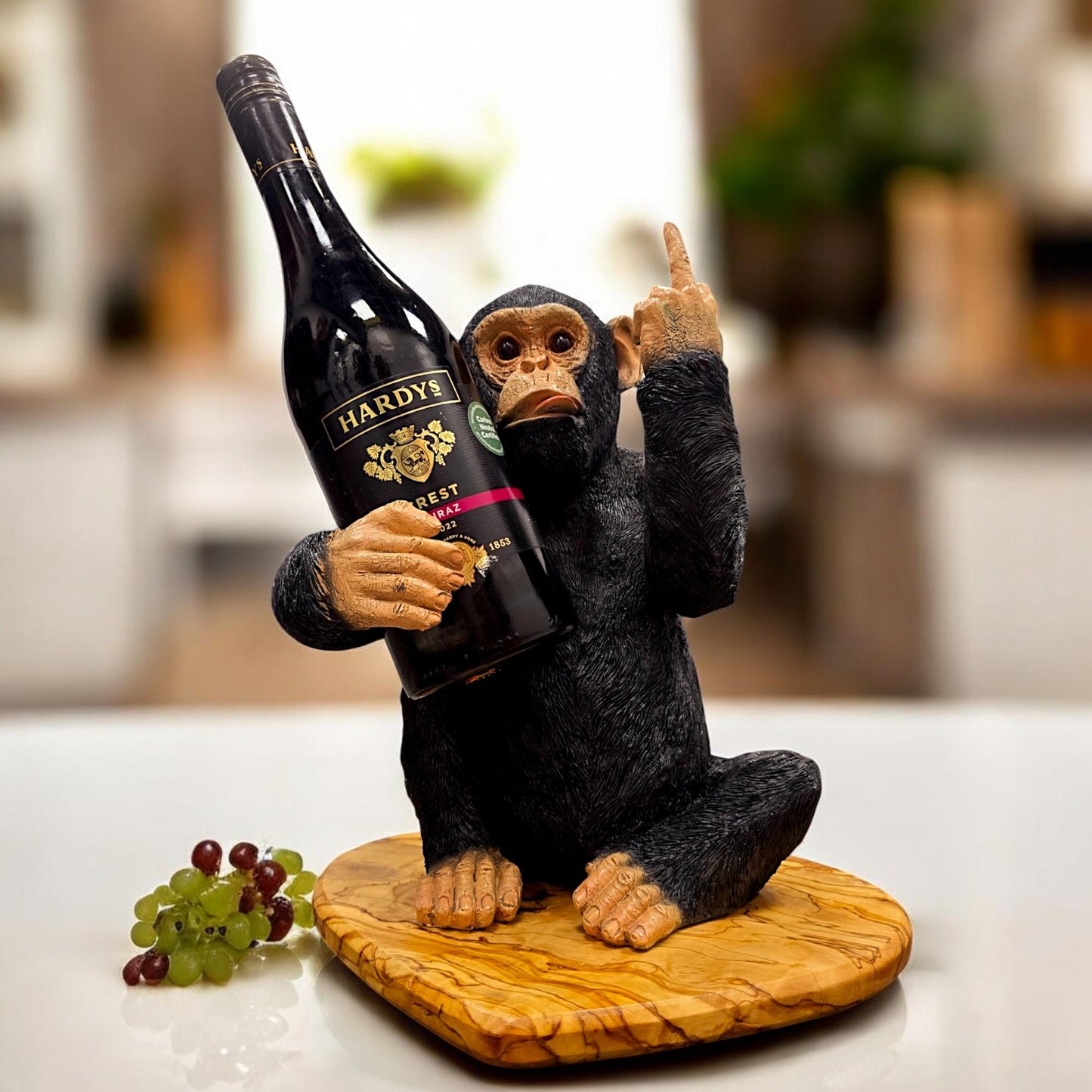 Black Up Yours Monkey Wine Bottle Holder with heart shape olive wood board