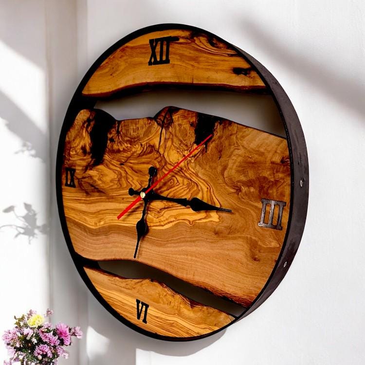 Olive Wood Wall Clock with metal Edge