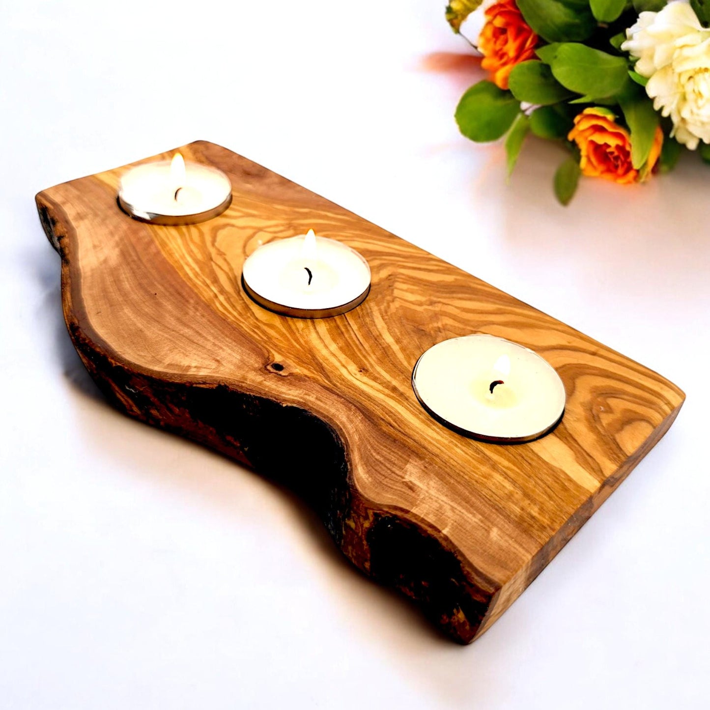 Olive Wood Flat Wooden Tealight Candle Holder | Various Sizes