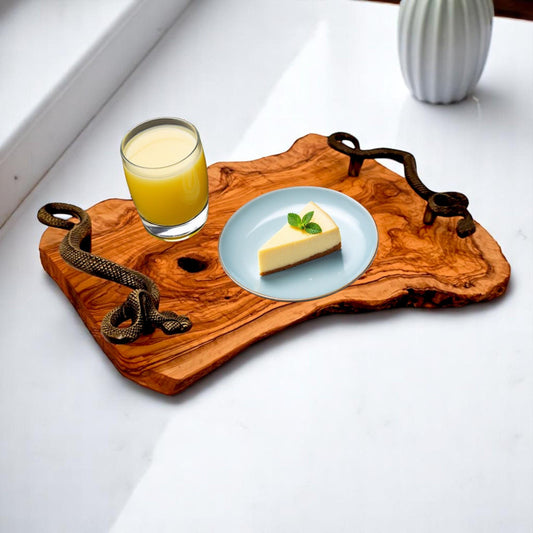 hand made olive wood tray with Snake shaped handle