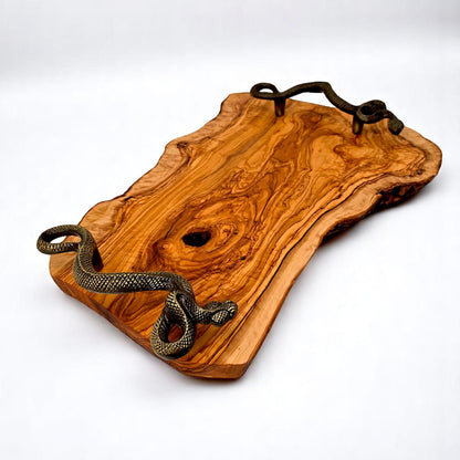 hand made olive wood tray with Snake shaped handle