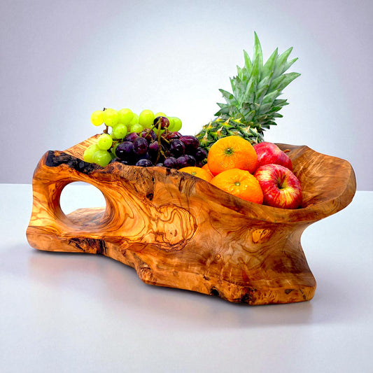 Rustic olive wood basket fruit , master piece, centrepiece