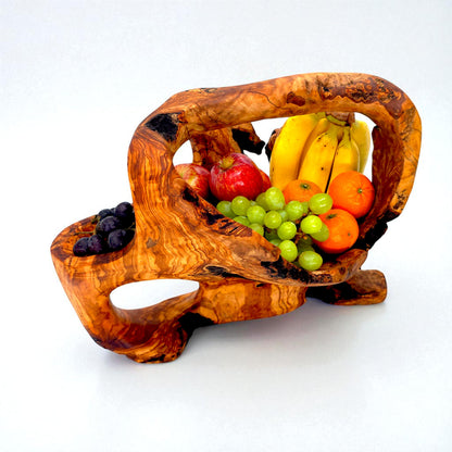 Rustic olive wood basket fruit , master piece, centrepiece
