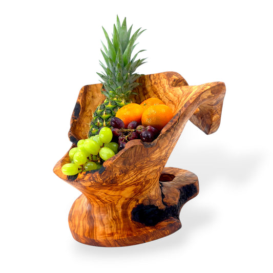 Rustic olive wood basket fruit , master piece, centrepiece