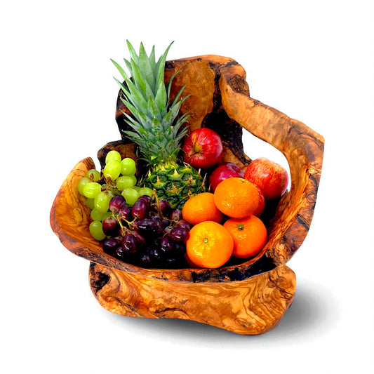 Rustic olive wood basket fruit , master piece, centrepiece