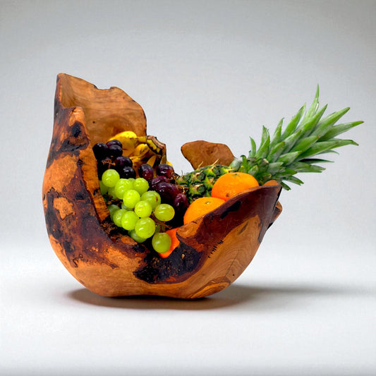 Rustic olive wood basket fruit , master piece, centrepiece