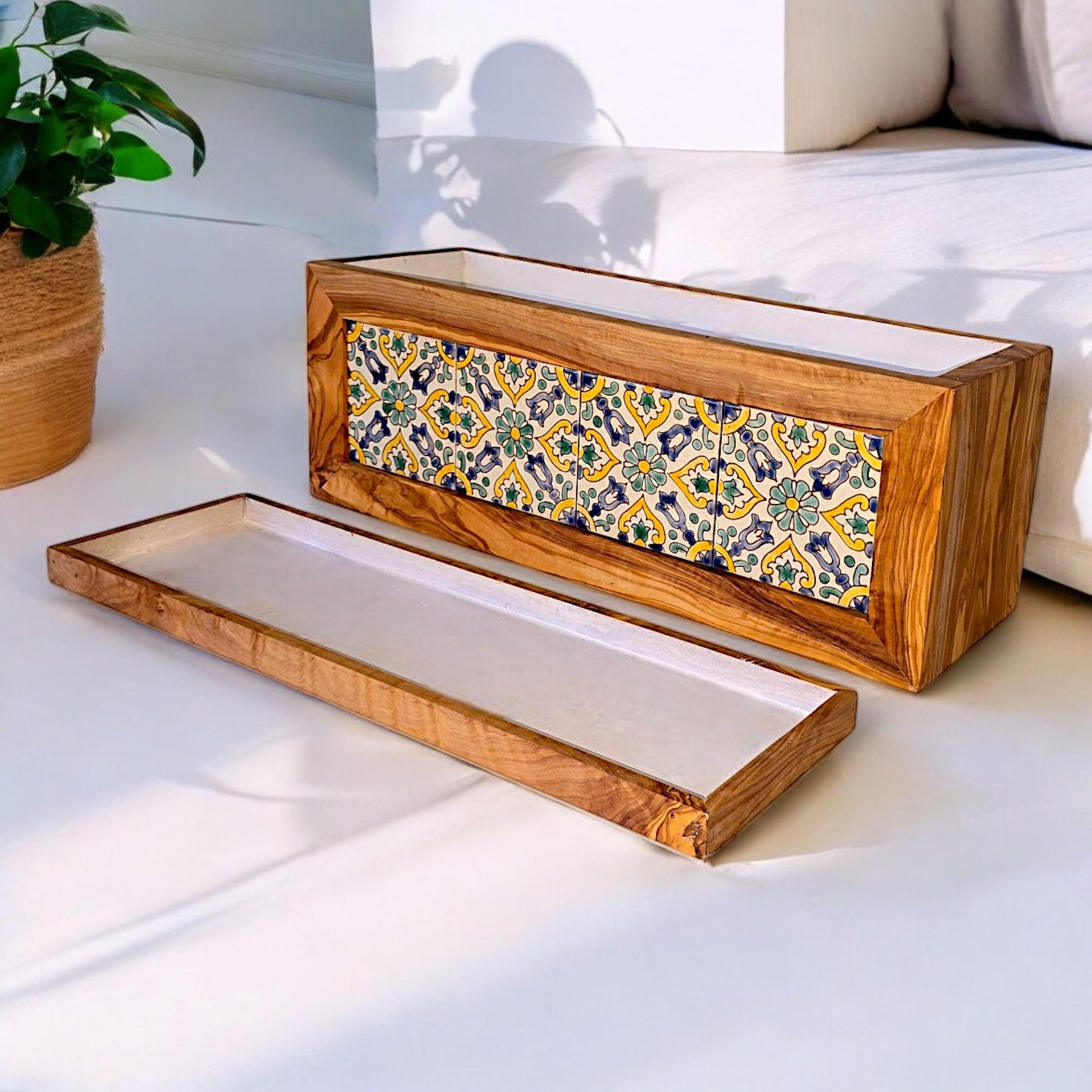 Olive Wood Handmade Wooden Planter with Tiles/Indoor and Outdoor Flower Box/Home and Garden