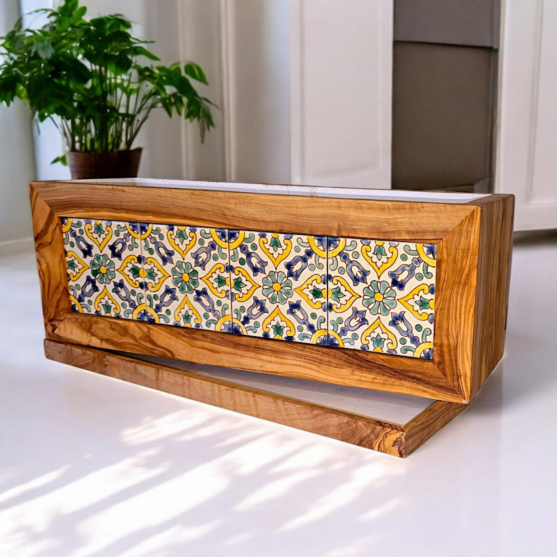 Olive Wood Handmade Wooden Planter with Tiles/Indoor and Outdoor Flower Box/Home and Garden