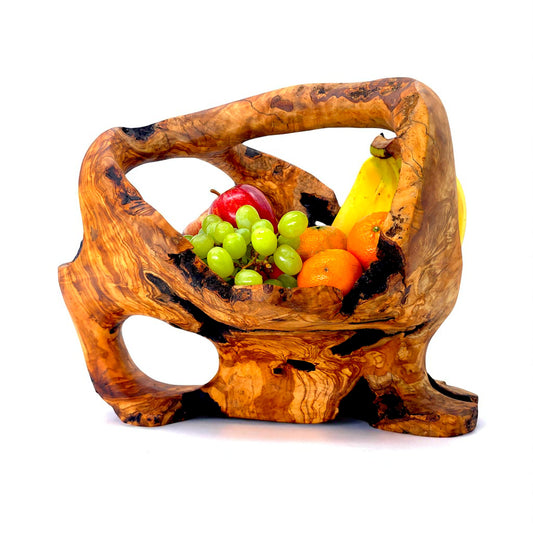 Rustic olive wood basket fruit , master piece, centrepiece