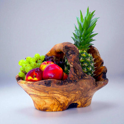 Rustic olive wood basket fruit , master piece, centrepiece