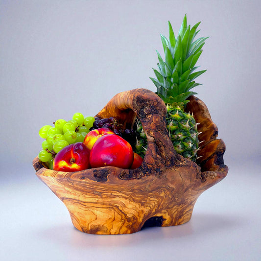 Rustic olive wood basket fruit , master piece, centrepiece