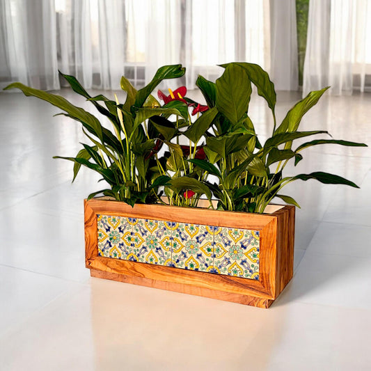 Olive Wood Handmade Wooden Planter with Tiles/Indoor and Outdoor Flower Box/Home and Garden