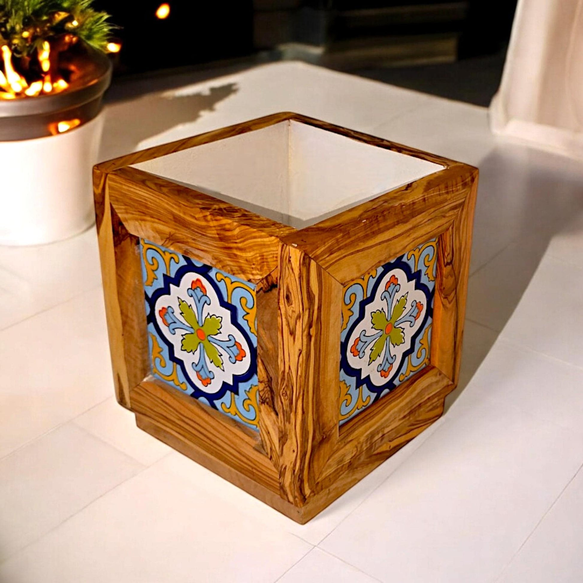 Olive Wood Handmade Wooden Planter with Tiles/Indoor and Outdoor Flower Box/Home and Garden