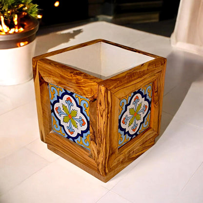 Olive Wood Handmade Wooden Planter with Tiles/Indoor and Outdoor Flower Box/Home and Garden