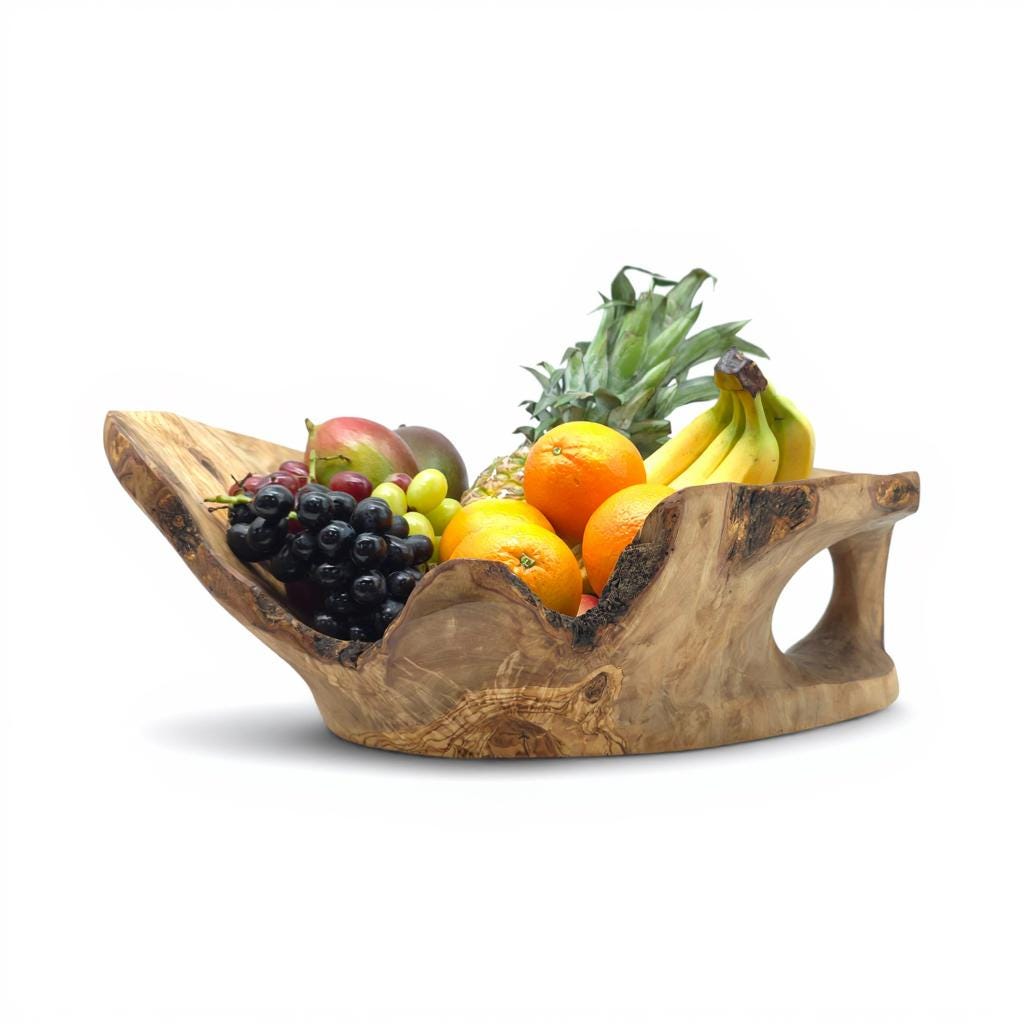 Rustic olive wood basket fruit , master piece, centrepiece