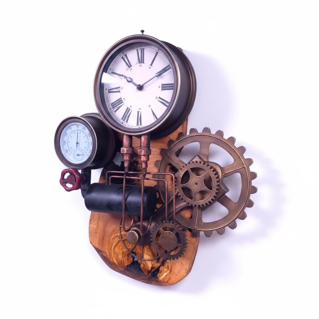 Industrial Steampunk Wall Clock | Live-Edge Olive Wood & Metallic Gear Decor