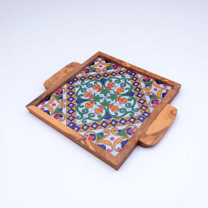 Handcrafted Olive Wood Tray with Hand-Painted Ceramic Tile Center