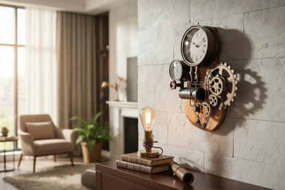 Industrial Steampunk Wall Clock | Live-Edge Olive Wood & Metallic Gear Decor