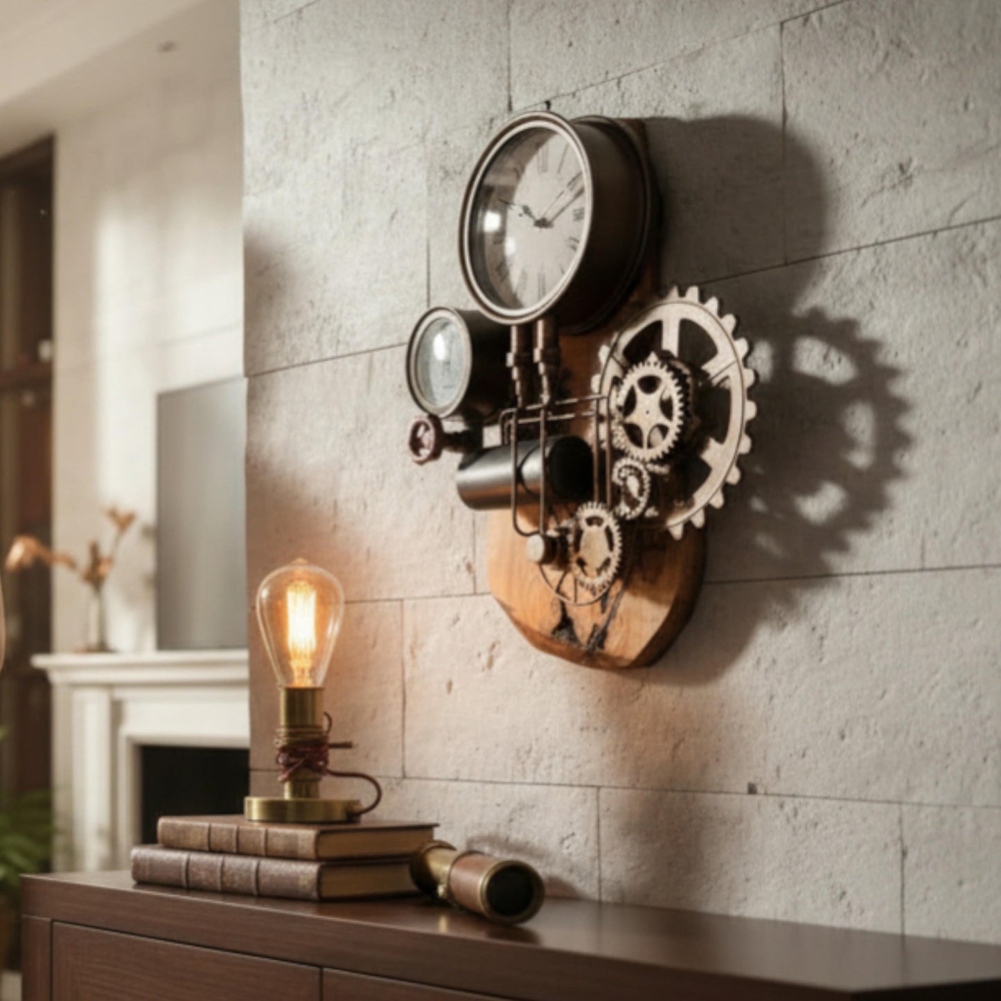 Industrial Steampunk Wall Clock | Live-Edge Olive Wood & Metallic Gear Decor