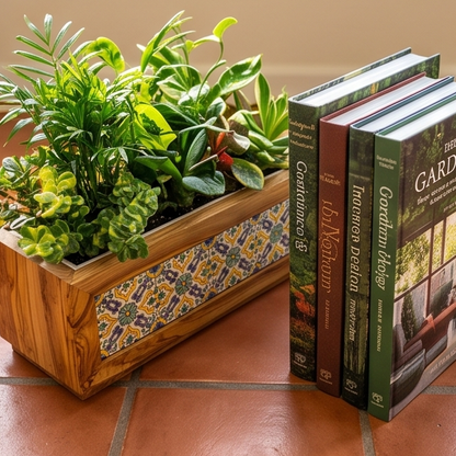 Olive Wood Handmade Wooden Planter with Tiles/Indoor and Outdoor Flower Box/Home and Garden