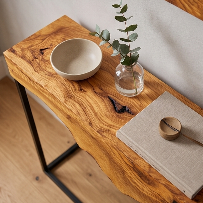 Luxury Live Edge Olive Wood Console Table - Slim Industrial Entryway Table